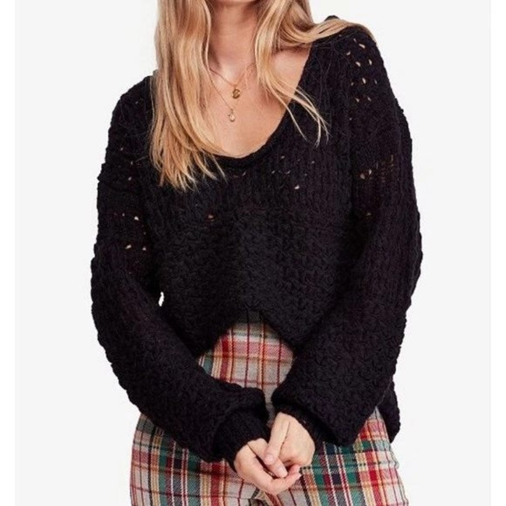 Free People Womens Crashing Waves Oversized Open-Knit Sweater Size Small Black